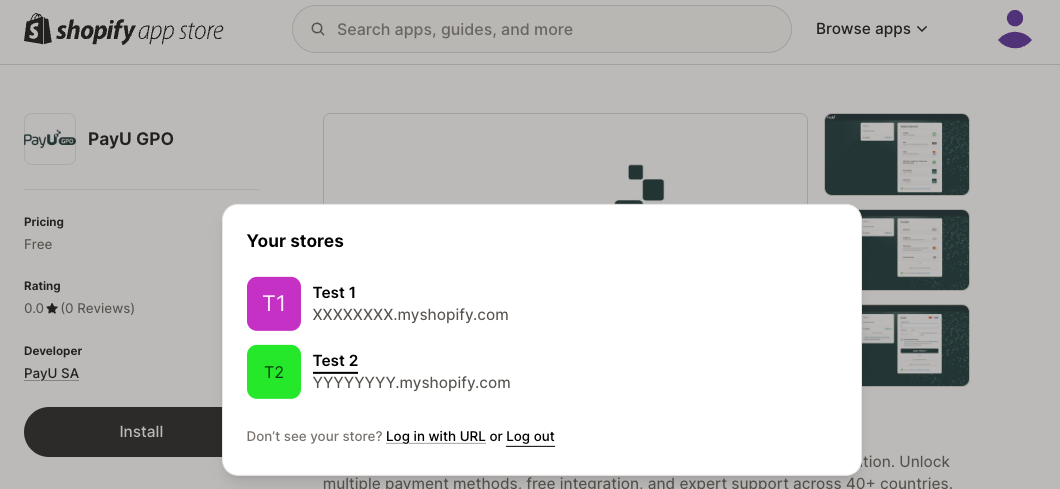 payu shopify app install page when not logged in