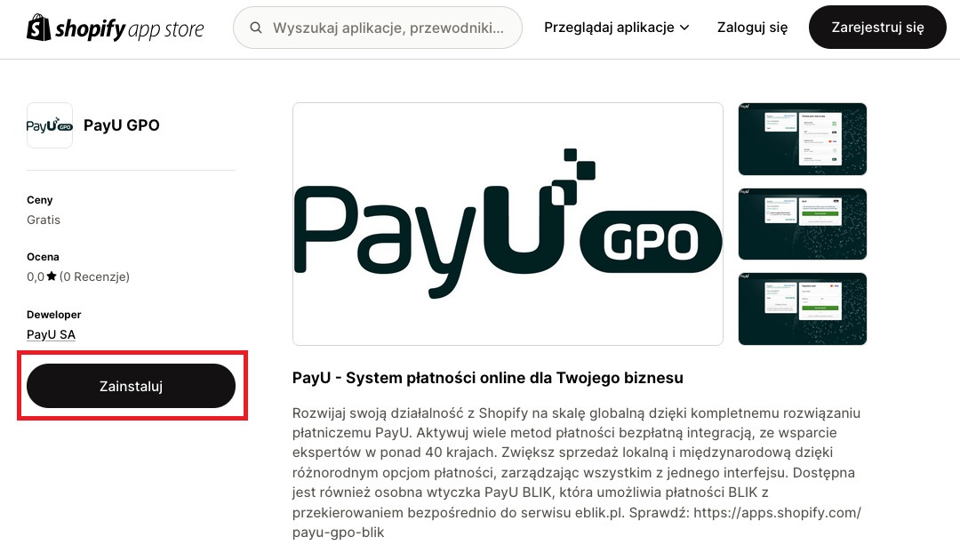 instalacja aplikacji payu będąc zalogowanym