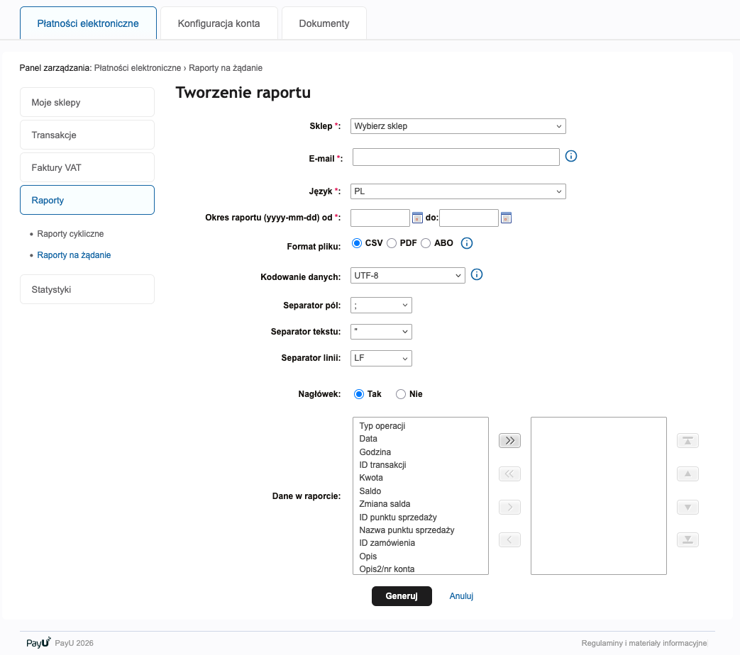 formularz raportu na żądanie