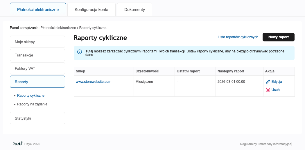 lista utworzonych raportów cyklicznych